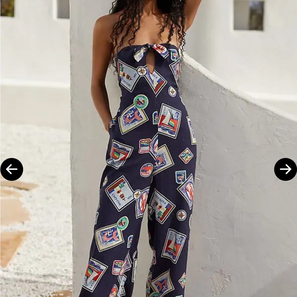 Anthropologie Celandine  Strapless Maxi romper with Colorful Postcard Printed Sm